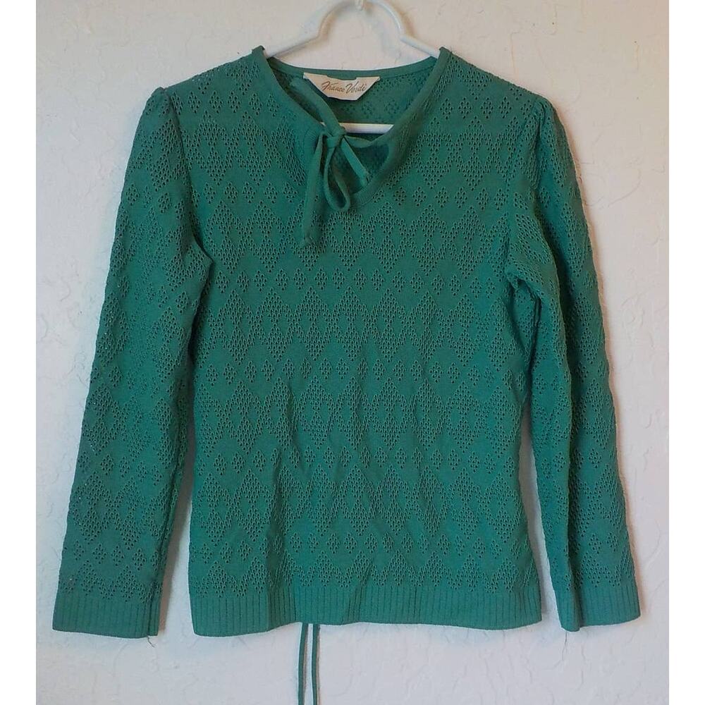 Vintage Franco Verdi Green Knit Perforated Top Size 8 Long Sleeve Belt Made USA